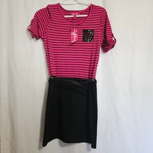 Barbiecore‎ Girls 14/16 Pink Black New Striped Sequin Belted Cherry Stix L 14/16